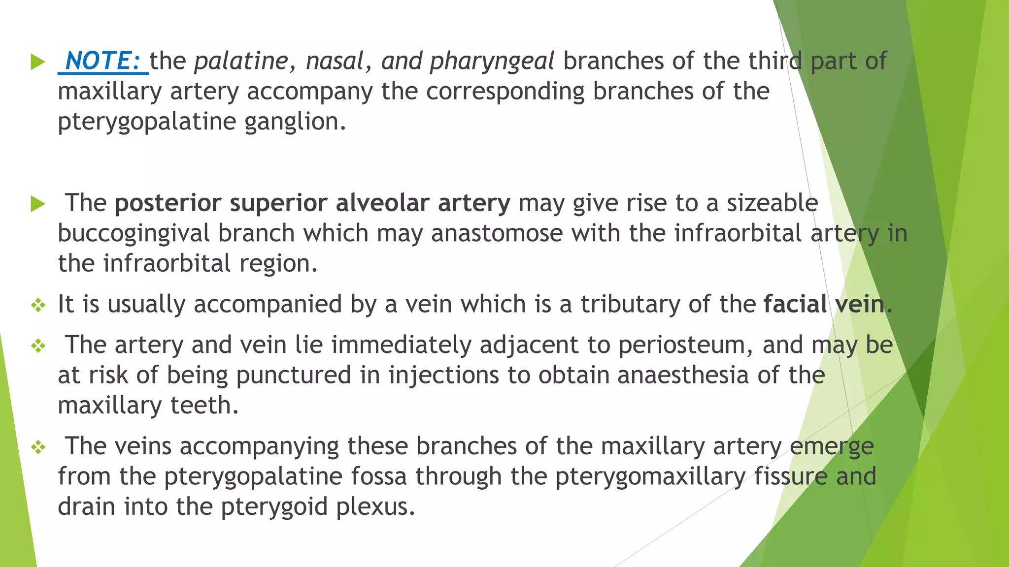 NOTE: the palatine, nasal, and pharyngeal branches of the third part of
maxillary artery accompany the corresponding branches of the
pterygopalatine ganglion.
 The posterior superior alveolar artery may give rise to a sizeable
buccogingival branch which may anastomose with the infraorbital artery in
the infraorbital region.
 It is usually accompanied by a vein which is a tributary of the facial vein.
 The artery and vein lie immediately adjacent to periosteum, and may be
at risk of being punctured in injections to obtain anaesthesia of the
maxillary teeth.
 The veins accompanying these branches of the maxillary artery emerge
from the pterygopalatine fossa through the pterygomaxillary fissure and
drain into the pterygoid plexus.
 