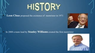  Leon Chua proposed the existence of memristor in 1971
 In 2008 a team lead by Stanley Williams created the first memristor
 