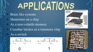  Brain like systems
 Memristor on a chip
 As a non-volatile memory
 Crossbar latches as a transistor chip
 As a switch
10
 