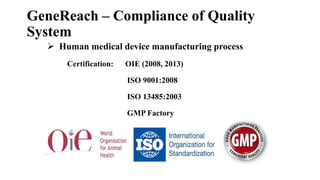 GeneReach – Compliance of Quality
System
 Human medical device manufacturing process
Certification: OIE (2008, 2013)
ISO 9001:2008
ISO 13485:2003
GMP Factory
 
