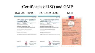 Certificates of ISO and GMP
ISO 9001:2008 ISO 13485:2003 GMP
 