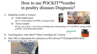 1) Sampling (swabs or tissues):
a) swab sample pool:
up to 5 swab samples/5ml PBS or Storage buffer.
b) Tissue sample:
40 mg into a clean 1.5 ml micro centrifuge tube with grinding in 0.5 ml PBS or storage buffer
grinding using disposable grinder.
2) Centrifugation with cubee™ Mini-Centrifuge for 1 minute
3) Take 200 µl supernatant for extraction in 48-well taco™ Preloaded DNA/RNA
Extraction plate Kit (48 rxns)
How to use POCKIT™combo
in poultry diseases Diagnosis?
 