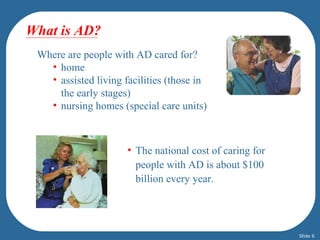 What is AD? 
Where are people with AD cared for? 
• home 
• assisted living facilities (those in 
the early stages) 
• nursing homes (special care units) 
• The national cost of caring for 
people with AD is about $100 
billion every year. 
Slide 6 
 