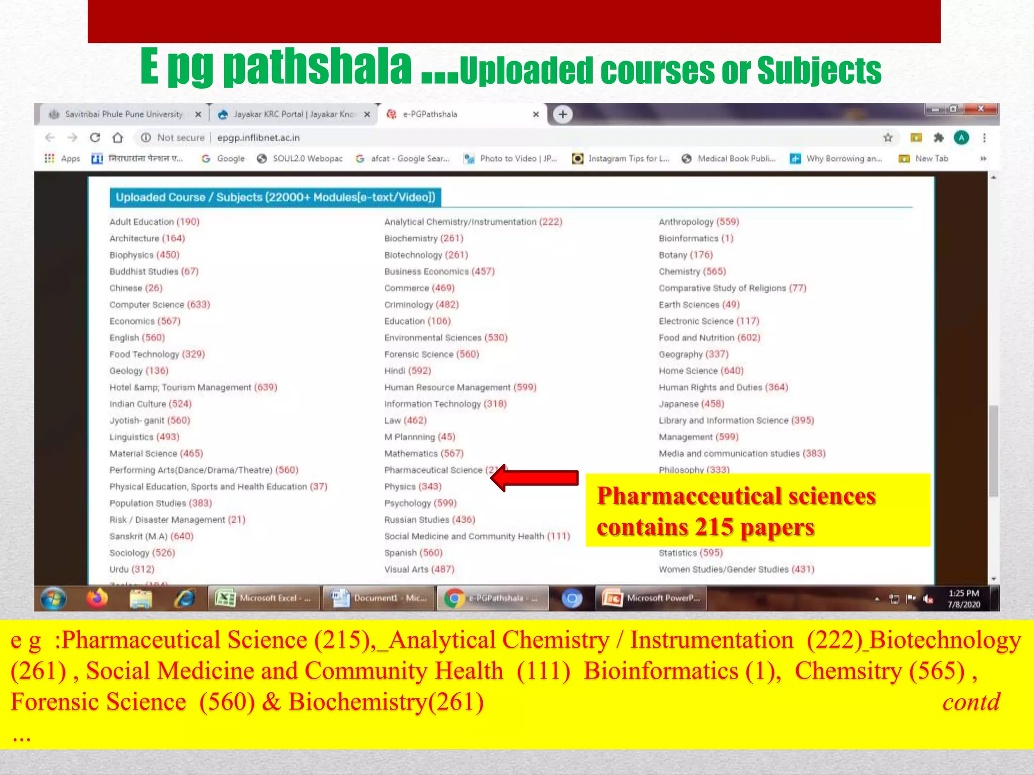 E pg pathshala …Uploaded courses or Subjects
Pharmacceutical sciences
contains 215 papers
e g :Pharmaceutical Science (215), Analytical Chemistry / Instrumentation (222) Biotechnology
(261) , Social Medicine and Community Health (111) Bioinformatics (1), Chemsitry (565) ,
Forensic Science (560) & Biochemistry(261) contd
…
 