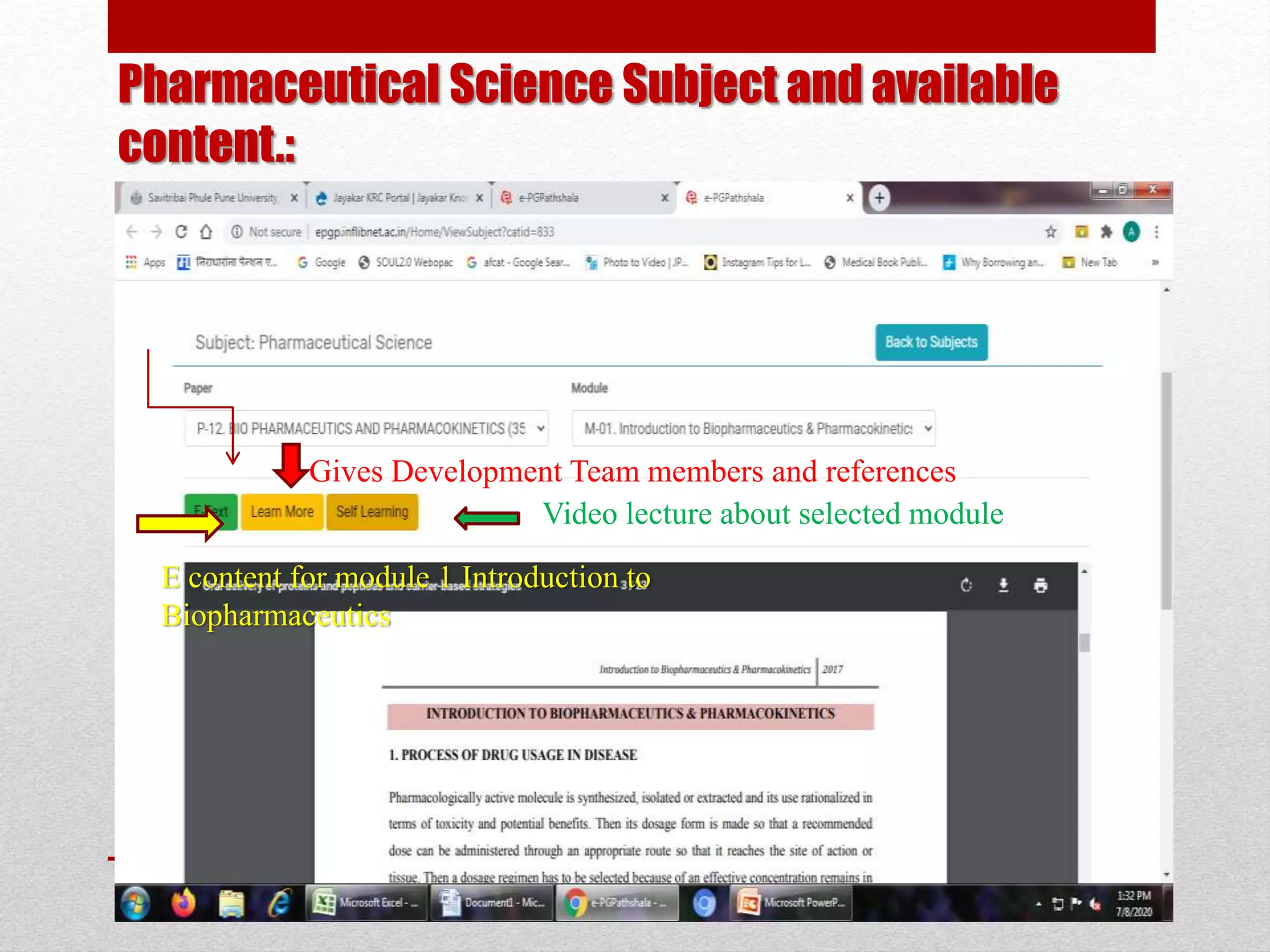 Pharmaceutical Science Subject and available
content.:
E content for module 1 Introduction to
Biopharmaceutics
Gives Development Team members and references
Video lecture about selected module
 