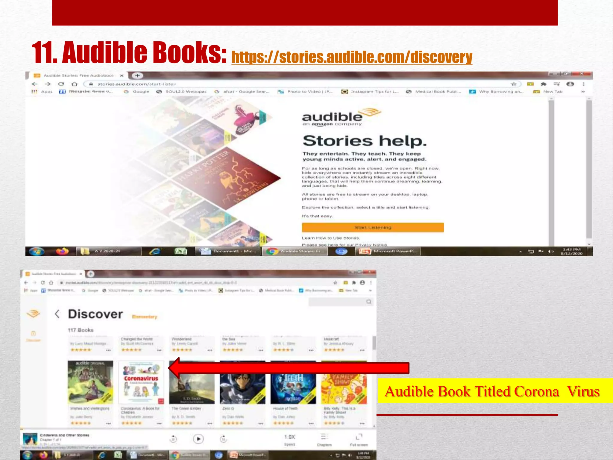 11. Audible Books: https://stories.audible.com/discovery
Audible Book Titled Corona Virus
 