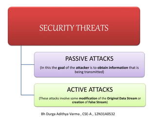 SECURITY THREATS
PASSIVE ATTACKS
(In this the goal of the attacker is to obtain information that is
being transmitted)
ACTIVE ATTACKS
(These attacks involve some modification of the Original Data Stream or
creation of False Stream)
Bh Durga Adithya Varma , CSE-A , 12N31A0532
 