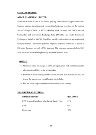 55
COMPANY PROFILE
ABOUT SHAREKHAN LIMITED:
Sharekhan Limited is one of the fastest growing financial services providers with a
focus on equities, derivatives and commodities brokerage execution on the National
Stock Exchange of India Ltd. (NSE), Bombay Stock Exchange Ltd. (BSE), National
Commodity and Derivatives Exchange India (NCDEX) and Multi Commodity
Exchange of India Ltd. (MCX). Sharekhan provides trade execution services through
multiple channels - an Internet platform, telephone and retail outlets and is present in
280 cities through a network of 704 locations. The company was awarded the 2005
Most Preferred Stock Broking Brand by Awwaz Consumer Vote.
ORIGIN:
 Sharekhan traces its lineage to SSKI, an organization with more than decades
of trust and credibility in the stock market.
 Pioneers of online trading in India- Sharekhan.com was launched in 2000 and
is now the second most visited broking site in India.
 Has one of the largest networks of Share shops in the country.
SHAREHOLDING PATTERN:
SHAREHOLDERS HOLDINGS
CITI Venture Capital and other Private Equity Firm 81%
IDFC 9%
Employees 10%
 