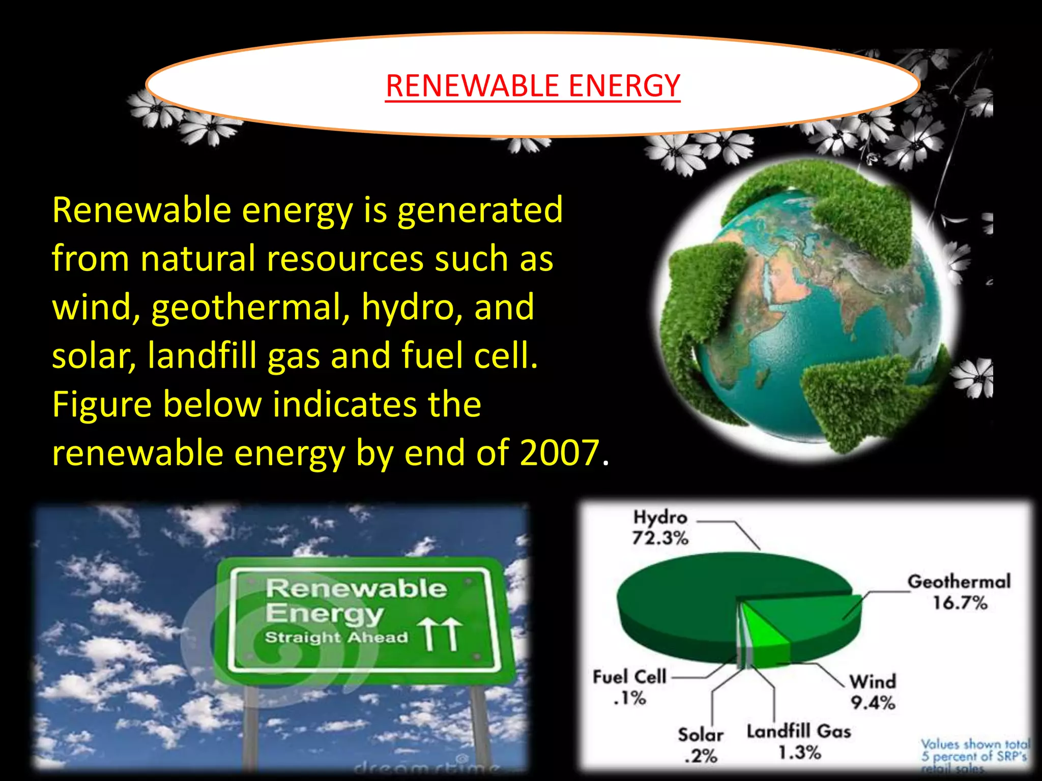 RENEWABLE ENERGY

Renewable energy is generated
from natural resources such as
wind, geothermal, hydro, and
solar, landfill gas and fuel cell.
Figure below indicates the
renewable energy by end of 2007.

 