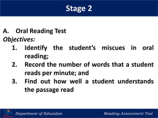 Department of Education Reading Assessment Tool
Stage 2
A. Oral Reading Test
Objectives:
1. Identify the student’s miscues in oral
reading;
2. Record the number of words that a student
reads per minute; and
3. Find out how well a student understands
the passage read
 