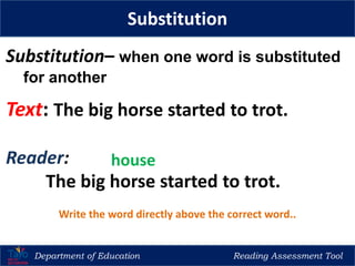 Department of Education Reading Assessment Tool
Substitution
Substitution– when one word is substituted
for another
Text: The big horse started to trot.
Reader:
The big horse started to trot.
Write the word directly above the correct word..
house
 
