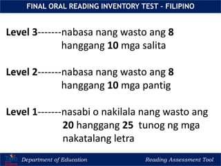 Department of Education Reading Assessment Tool
FINAL ORAL READING INVENTORY TEST - FILIPINO
Level 3-------nabasa nang wasto ang 8
hanggang 10 mga salita
Level 2-------nabasa nang wasto ang 8
hanggang 10 mga pantig
Level 1-------nasabi o nakilala nang wasto ang
20 hanggang 25 tunog ng mga
nakatalang letra
 