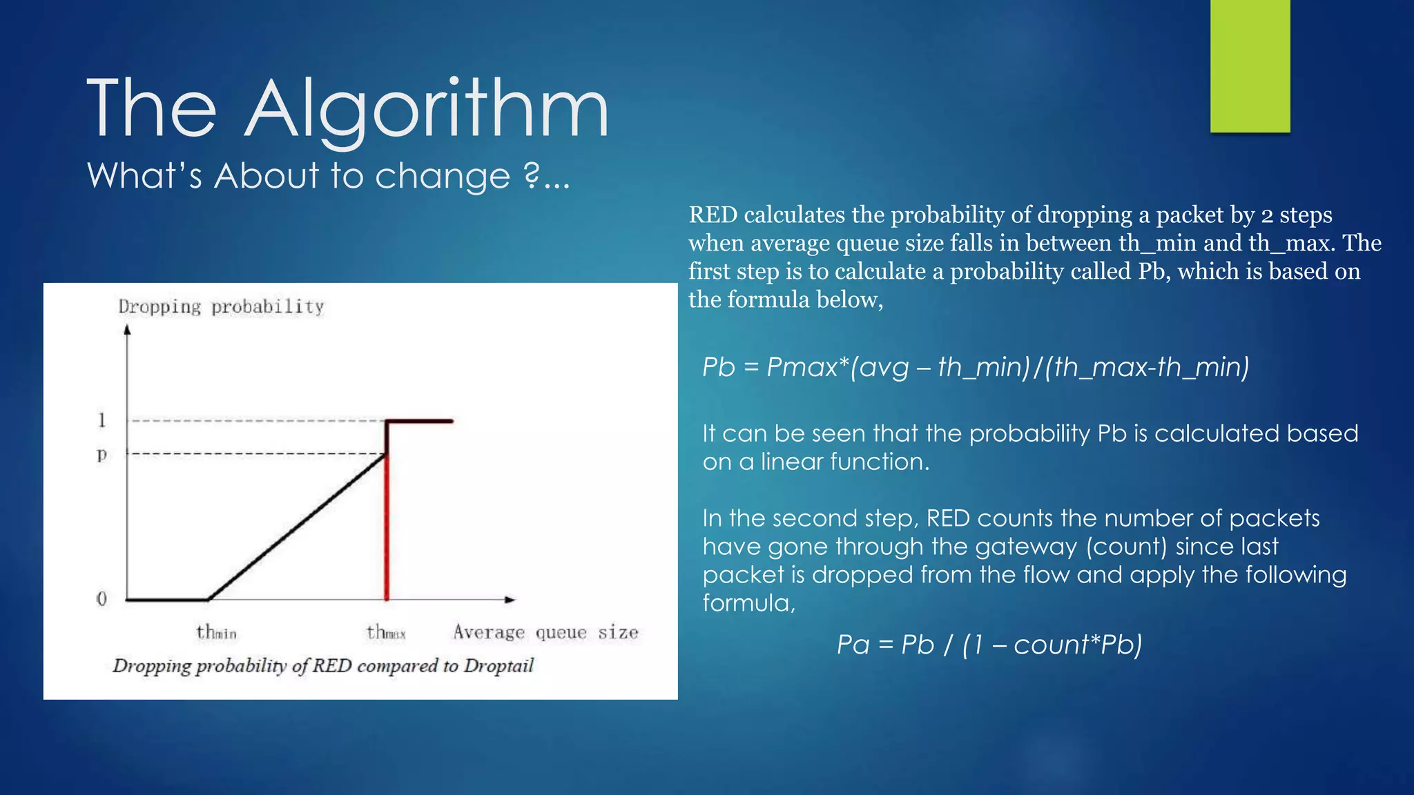 The Algorithm
What’s About to change ?...
Pb = Pmax*(avg – th_min)/(th_max-th_min)
Pa = Pb / (1 – count*Pb)
RED calculates the probability of dropping a packet by 2 steps
when average queue size falls in between th_min and th_max. The
first step is to calculate a probability called Pb, which is based on
the formula below,
It can be seen that the probability Pb is calculated based
on a linear function.
In the second step, RED counts the number of packets
have gone through the gateway (count) since last
packet is dropped from the flow and apply the following
formula,
 