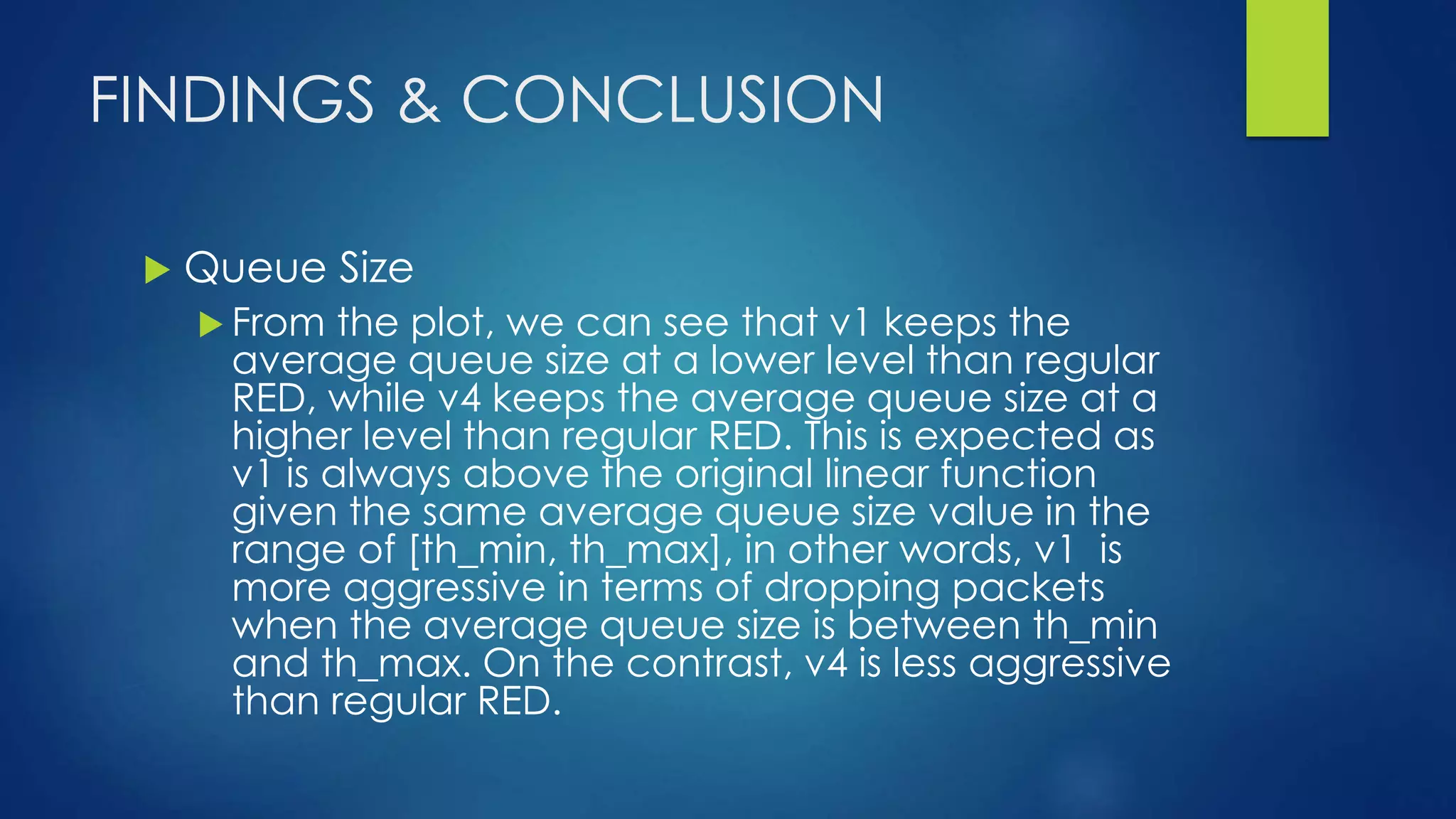 FINDINGS & CONCLUSION
 Queue Size
 From the plot, we can see that v1 keeps the
average queue size at a lower level than regular
RED, while v4 keeps the average queue size at a
higher level than regular RED. This is expected as
v1 is always above the original linear function
given the same average queue size value in the
range of [th_min, th_max], in other words, v1 is
more aggressive in terms of dropping packets
when the average queue size is between th_min
and th_max. On the contrast, v4 is less aggressive
than regular RED.
 