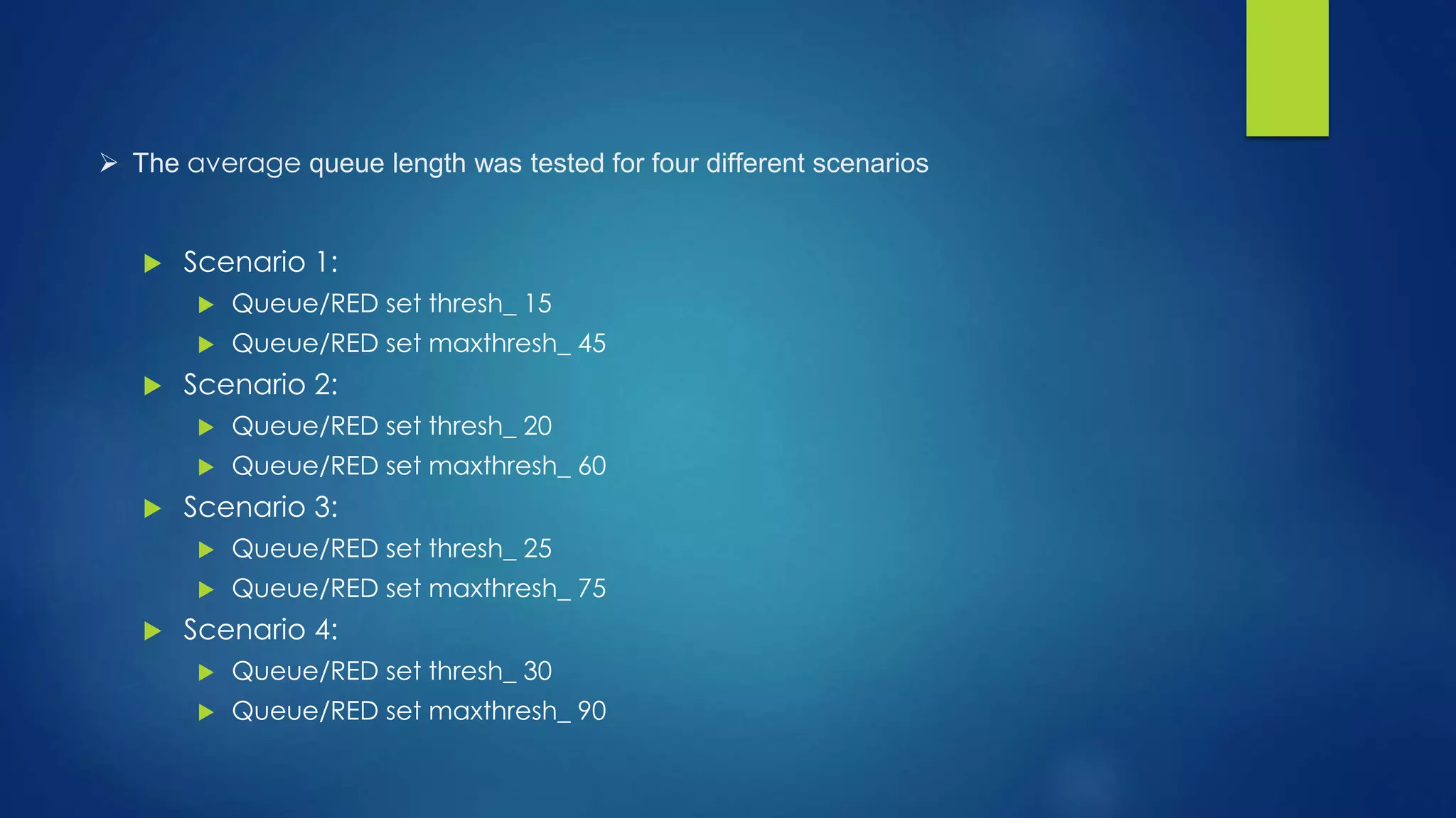  The average queue length was tested for four different scenarios
 Scenario 1:
 Queue/RED set thresh_ 15
 Queue/RED set maxthresh_ 45
 Scenario 2:
 Queue/RED set thresh_ 20
 Queue/RED set maxthresh_ 60
 Scenario 3:
 Queue/RED set thresh_ 25
 Queue/RED set maxthresh_ 75
 Scenario 4:
 Queue/RED set thresh_ 30
 Queue/RED set maxthresh_ 90
 
