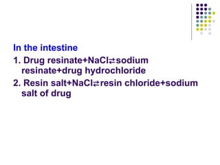 In the intestine
1. Drug resinate+NaClsodium
resinate+drug hydrochloride
2. Resin salt+NaClresin chloride+sodium
salt of drug
 