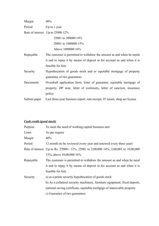Margin 40% 
Period Up to 1 year 
Rate of interest Up to 25000 12% 
25001 to 200000 14% 
20001 to 1000000 15% 
Above 1000000 16% 
Repayable The customer is permitted to withdraw the amount as and when he needs 
it and to repay it by means of deposit in his account as and when it is 
feasible for him 
Security Hypothecation of goods stock and or equitable mortgage of property 
guarantee of two guarantors 
Documents Overdraft application form, letter of guarantee, equitable mortgage of 
property, DP note, letter of continuity, letter of sanction, insurance 
policy 
Submit paper Last three-year business report, rent receipt, IT return, shop act license 
Cash credit (good stock) 
Purpose To meet the need of working capital business unit 
Limit As per require 
Margin 40% 
Period 12 month (to be reviewed every year and renewed every three year) 
Rate of interest Up to Rs. 25000/- 12%, 25001 to 2,00,000 14%, 2,00,001 to 10,00,000 
15%, above 10,00,000 16% 
Repayable The customer is permitted to withdraw the amount as and when he need 
it and to repay it by means of deposit in his account as and when it is 
feasible for him 
Security a) as a prime security hypothecation of goods stock 
b) As a collateral security machinery, furniture equipment, fixed deposit, 
national saving certificate, equitable mortgage of immovable property 
c) Guarantee of two guarantors 
 