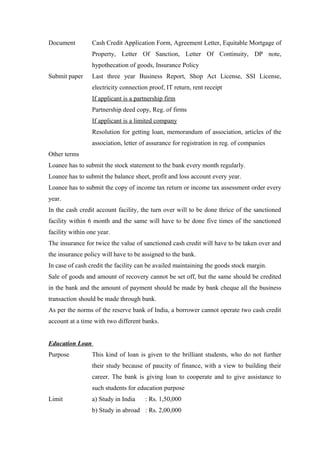 Document Cash Credit Application Form, Agreement Letter, Equitable Mortgage of 
Property, Letter Of Sanction, Letter Of Continuity, DP note, 
hypothecation of goods, Insurance Policy 
Submit paper Last three year Business Report, Shop Act License, SSI License, 
electricity connection proof, IT return, rent receipt 
If applicant is a partnership firm 
Partnership deed copy, Reg. of firms 
If applicant is a limited company 
Resolution for getting loan, memorandum of association, articles of the 
association, letter of assurance for registration in reg. of companies 
Other terms 
Loanee has to submit the stock statement to the bank every month regularly. 
Loanee has to submit the balance sheet, profit and loss account every year. 
Loanee has to submit the copy of income tax return or income tax assessment order every 
year. 
In the cash credit account facility, the turn over will to be done thrice of the sanctioned 
facility within 6 month and the same will have to be done five times of the sanctioned 
facility within one year. 
The insurance for twice the value of sanctioned cash credit will have to be taken over and 
the insurance policy will have to be assigned to the bank. 
In case of cash credit the facility can be availed maintaining the goods stock margin. 
Sale of goods and amount of recovery cannot be set off, but the same should be credited 
in the bank and the amount of payment should be made by bank cheque all the business 
transaction should be made through bank. 
As per the norms of the reserve bank of India, a borrower cannot operate two cash credit 
account at a time with two different banks. 
Education Loan 
Purpose This kind of loan is given to the brilliant students, who do not further 
their study because of paucity of finance, with a view to building their 
career. The bank is giving loan to cooperate and to give assistance to 
such students for education purpose 
Limit a) Study in India : Rs. 1,50,000 
b) Study in abroad : Rs. 2,00,000 
 