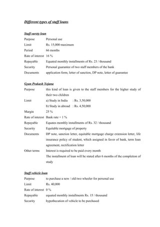 Different types of staff loans 
Staff surety loan 
Purpose Personal use 
Limit Rs. 15,000 maximum 
Period 66 months 
Rate of interest 16 % 
Repayable Equated monthly installments of Rs. 23 / thousand 
Security Personal guarantee of two staff members of the bank 
Documents application form, letter of sanction, DP note, letter of guarantee 
Gyan Prakash Yojana 
Purpose this kind of loan is given to the staff members for the higher study of 
their two children 
Limit a) Study in India : Rs. 3,50,000 
b) Study in abroad : Rs. 4,50,000 
Margin 25 % 
Rate of interest Bank rate + 1 % 
Repayable Equates monthly installments of Rs. 32 / thousand 
Security Equitable mortgage of property 
Documents DP note, sanction letter, equitable mortgage charge extension letter, life 
insurance policy of student, which assigned in favor of bank, term loan 
agreement, rectification letter 
Other terms Interest is required to be paid every month 
The installment of loan will be stated after 6 months of the completion of 
study 
Staff vehicle loan 
Purpose to purchase a new / old two wheeler for personal use 
Limit Rs. 40,000 
Rate of interest 0 % 
Repayable equated monthly installments Rs. 15 / thousand 
Security hypothecation of vehicle to be purchased 
 