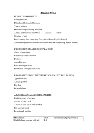 Appraisal format 
PRIMARY INFORMATION 
Name of the unit 
Date of establishment of business 
Type of business 
Date of starting of dealing with bank 
Address and telephone no.: Office Godown Factory 
Structure of unit 
Proprietorship firm/ partnership firm / private limited / public limited 
Name of the proprietor /partners / directors with CDN (compulsory deposit number) 
INFORMATION RELATED TO GUARANTORS 
Names of guarantors 
Compulsory deposit number 
Business 
Annual income 
Land building property 
Information about prevalent loans 
INFORMATION ABOUT PREVALENT FACILITY PROVIDED BY RSNB 
Types of facility 
Amount granted 
Due date 
Present balance 
ABOUT PRESENT CASH CREDIT FACILITY 
Credit turn over of last year 
Amount of cash credit 
Amount of cash credit with overdraft 
Previous year stock 
Present stock and date 
Measurement Ideal Performance of party (remarks) 
Credit balance compare with sale 1: 1 
 