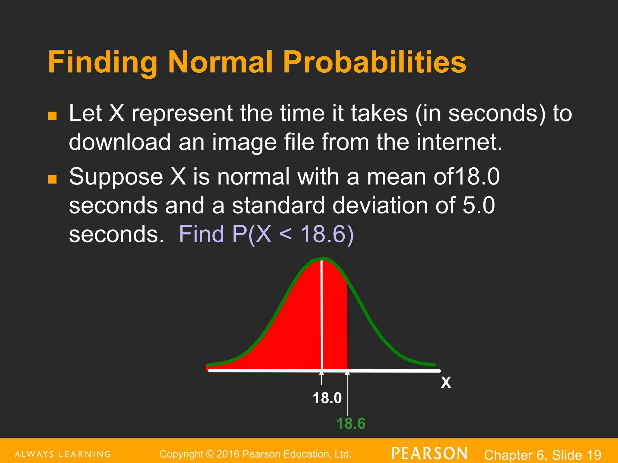 Copyright © 2016 Pearson Education, Ltd. Chapter 6, Slide 19
Finding Normal Probabilities
 Let X represent the time it takes (in seconds) to
download an image file from the internet.
 Suppose X is normal with a mean of18.0
seconds and a standard deviation of 5.0
seconds. Find P(X < 18.6)
18.6
X
18.0
 