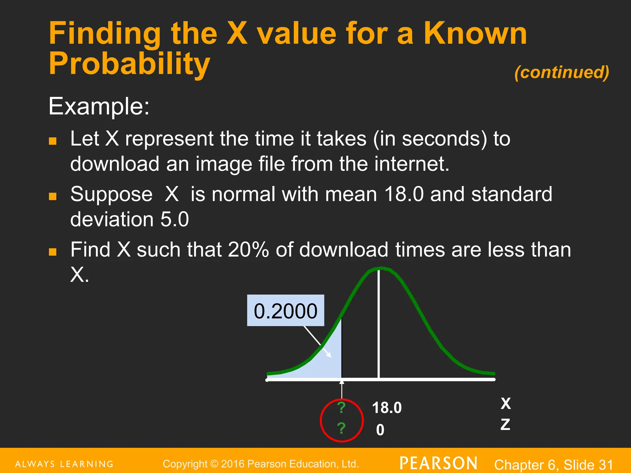 Copyright © 2016 Pearson Education, Ltd. Chapter 6, Slide 31
Finding the X value for a Known
Probability
Example:
 Let X represent the time it takes (in seconds) to
download an image file from the internet.
 Suppose X is normal with mean 18.0 and standard
deviation 5.0
 Find X such that 20% of download times are less than
X.
X
? 18.0
0.2000
Z
? 0
(continued)
 