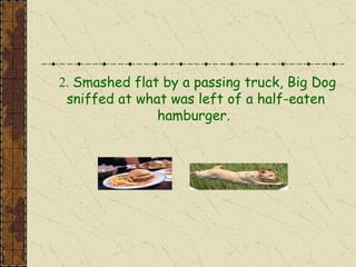 2. Smashed flat by a passing truck, Big Dog
sniffed at what was left of a half-eaten
hamburger.
 