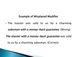 Example of Misplaced Modifier


The toaster was sold to us by a charming

salesman with a money-back guarantee. (Wrong)
The toaster with a money-back guarantee was sold
to us by a charming salesman. (Correct)

 