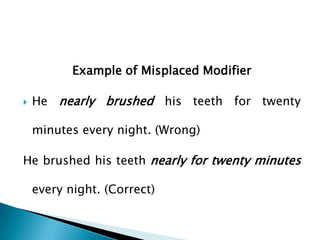 Example of Misplaced Modifier


He nearly brushed his teeth for twenty
minutes every night. (Wrong)

He brushed his teeth nearly for twenty minutes
every night. (Correct)

 