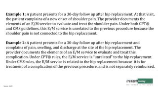Example 1: A patient presents for a 30-day follow up after hip replacement. At that visit,
the patient complains of a new onset of shoulder pain. The provider documents the
elements of an E/M service to evaluate and treat the shoulder pain. Under both CPT®
and CMS guidelines, this E/M service is unrelated to the previous procedure because the
shoulder pain is not connected to the hip replacement.
Example 2: A patient presents for a 30-day follow up after hip replacement and
complains of pain, swelling, and discharge at the site of the hip replacement. The
provider documents the elements of an E/M service to evaluate and treat this
complication. Under CPT® rules, the E/M service is “unrelated” to the hip replacement.
Under CMS rules, the E/M service is related to the hip replacement because it is for
treatment of a complication of the previous procedure, and is not separately reimbursed.
Source : AAPC
 