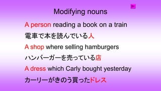 Modifying nouns
A person reading a book on a train
電車で本を読んでいる人
A shop where selling hamburgers
A dress which Carly bought yesterday
カーリーがきのう買ったドレス
ハンバーガーを売っている店
 