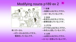 Modifying nouns p189 ex 2
例：ミラーさん
→ミラーさんはどの人ですか。
電話をしている人です。
1：佐藤
2：松本
3：グプタ
4：山田
→佐藤さんはどの人ですか。
→コピーをしている人です。
→松本さんはどの人ですか。
→新聞を読んでいる人です。
→グプタさんはどの人ですか。
→女の人と話している人です。
→山田さんはどの人ですか。
→コーヒーを飲んでいる人です。
 
