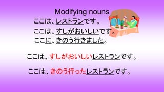 Modifying nouns
ここは、レストランです。
ここは、すしがおいしいレストランです。
ここは、きのう行ったレストランです。
ここは、すしがおいしいです。
ここに、きのう行きました。
 