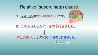 Relative (subordinate) clause
１．レストランはすしがおいしいです。
２．そのレストランに、きのう行きました。
すしがおいしいレストランにきのう行きました。
言いたいこと
 