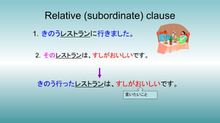 Relative (subordinate) clause
2．そのレストランは、すしがおいしいです。
1．きのうレストランに行きました。
きのう行ったレストランは、すしがおいしいです。
言いたいこと
 