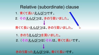 Relative (subordinate) clause
きのう買ったえんぴつは、青くて長いです。
青くて長いえんぴつは、きのう買いました。
１．青くて長いえんぴつです。
２．そのえんぴつは、きのう買いました。
２．（そのえんぴつは）それは、青くて長いです。
１．きのうえんぴつを買いました。
 