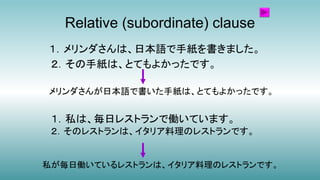 Relative (subordinate) clause
私が毎日働いているレストランは、イタリア料理のレストランです。
メリンダさんが日本語で書いた手紙は、とてもよかったです。
１．メリンダさんは、日本語で手紙を書きました。
２．その手紙は、とてもよかったです。
２．そのレストランは、イタリア料理のレストランです。
１．私は、毎日レストランで働いています。
 