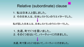 Relative (subordinate) clause
先週、町で買ったくつをはいて、パーティーに行きました。
私が話した日本人は、日本レストランのウエイターでした。
１．私は日本人と話しました。
２．その日本人は、日本レストランのウエイターでした。
２．そのくつをはいて、パーティーに行きました。
１．先週、町でくつを買いました。
 