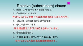 Relative (subordinate) clause
1. その人は、日本語を話すことができます。
2. その人を知っています。
日本語を話すことができる人を知っています。
1. きのう、レストランで日本料理を食べました。
2. それはおいしかったです。
きのうレストランで食べた日本料理はおいしかったです。
1. 音楽を聞きます。
2. その音楽は日本でとても人気があります。
日本でとても人気がある音楽を聞きます。
 