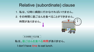 Relative (subordinate) clause
１．私は、12時に病院に行かなければいけません。
２．その時間に昼ごはんを食べることができません。
時間がありません。
私は、昼ごはんを食べる時間がありません。
I don’t have time to eat lunch.
その時間にする行動
 