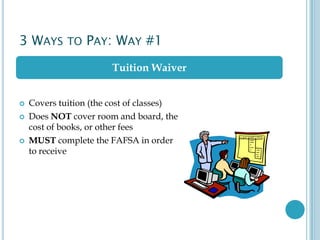 3 WAYS TO PAY: WAY #1
 Covers tuition (the cost of classes)
 Does NOT cover room and board, the
cost of books, or other fees
 MUST complete the FAFSA in order
to receive
Tuition Waiver
 