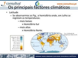 I- 12
Os principais factores climáticos
• Latitude
– Se observarmos as Fig., o hemisfério onde, em Julho se
registam as temperaturas:
– mais baixas
» Hemisfério Sul
– mais altas
» Hemisfério Norte.
 