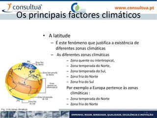 I- 8
Os principais factores climáticos
• A latitude
– É este fenómeno que justifica a existência de
diferentes zonas climáticas
– As diferentes zonas climáticas
– Zona quente ou intertropical,
– Zona temperada do Norte,
– Zona temperada do Sul,
– Zona fria do Norte
– Zona fria do Sul
Por exemplo a Europa pertence às zonas
climáticas :
– Zona temperada do Norte
– Zona fria do Norte
 