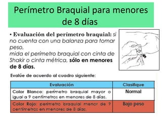 Perímetro Braquial para menores
de 8 días
▪ Evaluación del perímetro braquial: si
no cuenta con una balanza para tomar
peso,
mida el perímetro braquial con cinta de
Shakir o cinta métrica, sólo en menores
de 8 días.

 