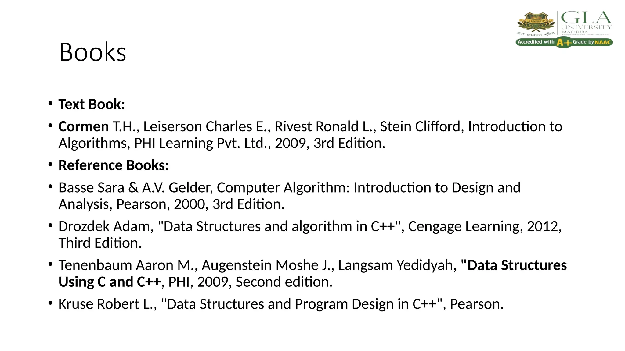 Books
• Text Book:
• Cormen T.H., Leiserson Charles E., Rivest Ronald L., Stein Clifford, Introduction to
Algorithms, PHI Learning Pvt. Ltd., 2009, 3rd Edition.
• Reference Books:
• Basse Sara & A.V. Gelder, Computer Algorithm: Introduction to Design and
Analysis, Pearson, 2000, 3rd Edition.
• Drozdek Adam, "Data Structures and algorithm in C++", Cengage Learning, 2012,
Third Edition.
• Tenenbaum Aaron M., Augenstein Moshe J., Langsam Yedidyah, "Data Structures
Using C and C++, PHI, 2009, Second edition.
• Kruse Robert L., "Data Structures and Program Design in C++", Pearson.
 