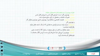 ‫کلیات‬‫تحقیق‬ ‫روش‬‫تحلیل‬ ‫و‬ ‫تجزیه‬‫گیری‬ ‫نتیجه‬‫پیشنهادات‬ ‫تحقی‬ ‫پیشینه‬‫ق‬
7 25|
‫تعاريف‬‫از‬ ‫وري‬‫بهره‬‫ديد‬‫مختلف‬ ‫صاحبنظران‬ ‫و‬ ‫ها‬‫شخصيت‬:
‫سومانت‬:‫وري‬‫بهره‬‫كل‬:‫نسبت‬‫خروجي‬‫به‬ ‫لمس‬ ‫قابل‬‫ورودي‬‫لمس‬ ‫قابل‬
‫ديويس‬:‫تغييرات‬‫در‬ ‫محصول‬ ‫در‬ ‫حاصله‬‫ازاي‬‫شده‬ ‫مصرف‬ ‫منابع‬
‫كندريك‬‫و‬‫كريمر‬:‫تعاريف‬‫تخصصي‬‫و‬‫عملكردي‬‫وري‬‫بهره‬ ‫از‬‫جزئي‬‫عوامل‬ ‫وري‬‫بهره‬ ،‫كار‬
‫وري‬‫بهره‬ ‫و‬‫كل‬
‫ايسترفيلد‬:‫بازده‬ ‫نسبت‬‫سيستم‬‫توليدي‬‫به‬‫مقداري‬‫كه‬‫از‬‫يك‬‫يا‬‫عامل‬ ‫چند‬‫توليد‬
‫بكارگرفته‬‫است‬‫شده‬.
‫اشتاينر‬:‫معيار‬‫عملكرد‬‫و‬‫يا‬‫در‬ ‫موجود‬ ‫توان‬ ‫و‬ ‫قدرت‬‫توليد‬‫كاال‬‫يا‬‫خدمت‬‫معين‬
‫كندريك‬:‫توان‬‫مي‬ ‫را‬ ‫وري‬‫بهره‬‫نياز‬‫ها‬‫انسان‬‫براي‬‫آوردن‬ ‫بدست‬‫كاال‬‫با‬ ‫خدمات‬ ‫و‬
‫هاي‬‫هزينه‬‫كم‬‫آورد‬ ‫حساب‬‫به‬.
 