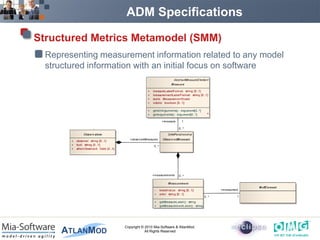 ADM Specifications

Structured Metrics Metamodel (SMM)
  Representing measurement information related to any model
  structured information with an initial focus on software




                     Copyright © 2010 Mia-Software & AtlanMod.
                                 All Rights Reserved
 