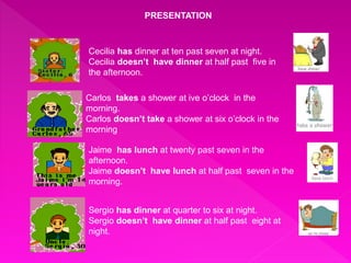 PRESENTATION 
Cecilia has dinner at ten past seven at night. 
Cecilia doesn’t have dinner at half past five in 
the afternoon. 
Carlos takes a shower at ive o’clock in the 
morning. 
Carlos doesn’t take a shower at six o’clock in the 
morning 
Jaime has lunch at twenty past seven in the 
afternoon. 
Jaime doesn’t have lunch at half past seven in the 
morning. 
Sergio has dinner at quarter to six at night. 
Sergio doesn’t have dinner at half past eight at 
night. 
 