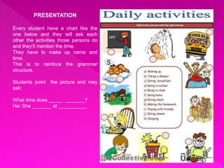 PRESENTATION 
Every student have a chart like the 
one below and they will ask each 
other the activities those persons do 
and they’ll mention the time. 
They have to make up name and 
time. 
This is to rainfoce the grammar 
structure. 
Students point the picture and may 
ask: 
What time does _____ _______? 
He/ She _______ at __________. 
 