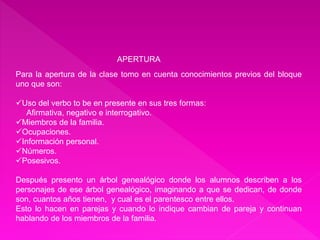 APERTURA 
Para la apertura de la clase tomo en cuenta conocimientos previos del bloque 
uno que son: 
Uso del verbo to be en presente en sus tres formas: 
Afirmativa, negativo e interrogativo. 
Miembros de la familia. 
Ocupaciones. 
Información personal. 
Números. 
Posesivos. 
Después presento un árbol genealógico donde los alumnos describen a los 
personajes de ese árbol genealógico, imaginando a que se dedican, de donde 
son, cuantos años tienen, y cual es el parentesco entre ellos. 
Esto lo hacen en parejas y cuando lo indique cambian de pareja y continuan 
hablando de los miembros de la familia. 
 
